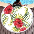 Round beach towel with red hibiscus and green leaves pattern and white tassels - Red Hibiscus Style (12)