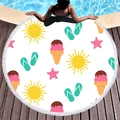 Toalla de playa redonda blanca con estampados de verano, helados, estrellas y flecos - Estampado de Helado y Sol (8)