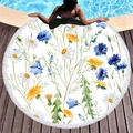 Round beach towel with floral daisy patterns and white fringe tassels by a pool - White Daisy Wildflower Style (12)