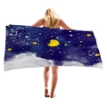 Star and moon pattern thickened beach towel in navy blue held by a blonde female model - Star Moon Artistic Clouds (9)