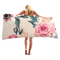 Dicker Strandtuch mit grünem Blättern und rosa Rosen Blumendruck auf weißem Stoff - Cremeweißer Rosa Rosen Blumen Stil (4) / 150x75cm