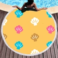 Round yellow beach towel with blue seashell patterns and white decorative tassels - Yellow Colorful Shells (8) / Diameter 150