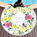 Round floral beach towel with white tassels featuring watercolored flowers and Happy Day text - Watercolor Floral Happy Day