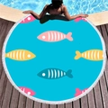 Teal round beach towel with colorful cartoon fish patterns and white tassels - Cyan Cartoon Fish (9) / Diameter 150