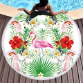 Round beach towel with pink flamingo, tropical plants, and white fringe tassels - Flamingo and Parrot