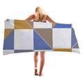 Thick microfiber beach towel with geometric navy, brown, and yellow patterns - Deep Blue Coffee Color Block Geometric (1)