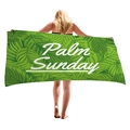 Tropical green palm leaf beach towel featuring white Palm Sunday text on a white background - 150x75cm / Green Palm Sunday Print (5)