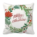 Detail of Christmas poinsettia wreath and Merry Christmas script on peach skin pillowcase - Red Poinsettia Wreath Art Word