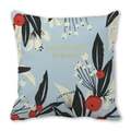 Macro view of Christmas Wishes pillowcase featuring botanical prints on peach skin fabric - Light Blue Background Christmas Wishes
