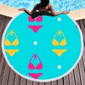 Round turquoise beach towel with pink bikini pattern and white fringe tassel edges - Cyan Polka Dot Bikini (10) / Diameter 150