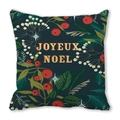 Detail of Joyeux Noel print on dark green floral Christmas pillow cover with berries - Dark Green Star Pattern Joyeux Noel