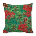Detail of Christmas pillowcase with red poinsettia, green pine needles and pine cones - Off-White Realistic Red Green Christmas Plants