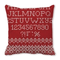 Detail of red knit pillowcase featuring white alphabet, numbers and nordic patterns - Bright Red Knitted Letters Numbers (19)