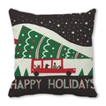 Detail of peach skin fabric showing a vintage red car with Christmas tree and Happy Holidays text - Red Sedan with Christmas Tree (29)