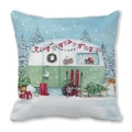 Close-up of peach skin fabric pillowcase featuring vintage camper and Christmas elements - Retro Camper Van Wreath (14)