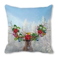 Close-up of reindeer pattern and festive decorations on linen Christmas pillowcase - Snowy Forest Reindeer (Style-5)