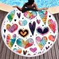 Round beach towel with colorful heart print and white tassels on pool deck - Colorful Graffiti Hearts