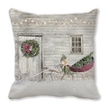 Detail of Christmas pillow cover with red sled and winter house print on peach skin fabric - Red Door Sleigh Winter Illustration (19)