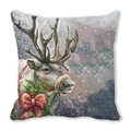 Detail of Christmas reindeer illustration with red bow on linen pillowcase surface - Watercolor Hand-Painted Reindeer (Style-8)