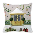 Close-up detail of Christmas deer series pillowcase with festive snow house and gift pattern - Yellow Cottage Snowy Illustration (26)