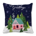 Close-up of festive Christmas pillowcase with Greetings text and winter house design - Pink House Festive Greetings (36)
