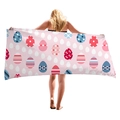 Pink beach towel with cartoon Easter egg patterns and floral dots design - Pink Easter Egg Pattern Style