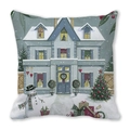 Close-up of Christmas pillow cover featuring a snow cabin, snowman and festive tree print - Blue House Snowman Christmas Tree (28)