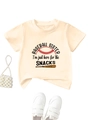 Detail view of beige cotton T-shirt featuring Baseball Sister and snacks slogans - 90cm / Apricot