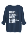 Detail of navy blue sweatshirt featuring white Moms Against White Baseball Pants print - Navy Blue