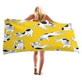 Bright yellow cartoon cat print beach towel held by a model on a white background - Yellow Stretching Cat (8) / 150x75cm