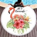 Round beach towel with pink flamingo and tropical flowers featuring white tassels - Tropical Flamingo Plants