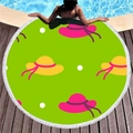Round green beach towel with pink sun hat patterns and white fringe tassels - Fresh Green Sun Hats (12) / Diameter 150