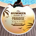 Circular sunset palm print beach towel with white tassels on a poolside wooden deck - Sunset Palm Leaf Print (1)