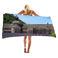 Thick beach towel featuring lavender fields and European stone monastery scenery - Ancient Abbey Lavender (5)