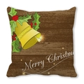 Housse de coussin de Noël avec cloches dorées et baies rouges sur motif bois rustique - Modèle de Fruits de Houx et de Cloches de Noël Or sur Grain de Bois (16) / 45x45cm