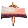Thick microfiber beach towel featuring purple lavender field and sunset print pattern - Aesthetic Sunset Lavender (6)