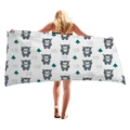White thickened beach towel featuring cartoon bear patterns and green pine trees design - Bear with Scarf (10) / 150x75cm