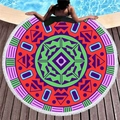 Bohemian round beach towel with colorful mandala patterns and white tassels on deck - Mandala Geometric Pattern 1 (4710202293326)