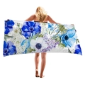 Dickes Mikrofaser-Strandtuch mit lebendigem blauem und lila Blumen-Aquarellmuster - Blau-Lila Blumen Aquarell-Stil (8) / 150x75cm