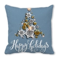 Housse de coussin sapin de Noël avec flocons et texte Happy Holidays sur fond bleu - Modèle d'Arbre de Noël avec Flocons de Neige Or et Blanc sur Fond Gris Bleu (20) / 45x45cm