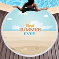 Round fringed beach towel with Best Summer Ever print and tassel edge on wood deck - Best Summer Ever Beach Scene Print (2)