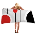 Thick beach towel with red dots and black geometric patterns held by female model - Minimalist Red Dot Black Lines (9)