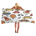 Microfiber beach towel with cartoon vehicles shown on a female model - Rocket Plane Car (11)