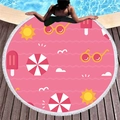 Pink round summer beach towel with sun and popsicle prints and white fringe tassels - Pink Summer Illustration (2)