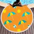 Thick round beach towel with tassels featuring sun and beach ball prints by a pool - Orange Sun Beach Ball (4)