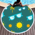 Thick round teal beach towel with sun and palm tree prints and white tassel edges - Dark Green Tropical Palm (5)