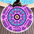 Purple mandala round beach towel with white fringe tassels on a wooden deck - Mandala Geometric Pattern 4 (4710202293329)