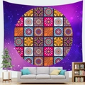 Starry sky mandala tapestry with colorful geometric patterns hanging over a gray sofa - 150x100cm (Peach Skin) / Dreamy Starry Mandala (1)