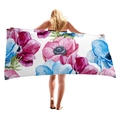 Dickes Mikrofaser-Strandtuch mit lebhaftem Aquarell-Blumendruck in Pink und Blau - Rosaroter und Blauer Blumenstil (11) / 150x75cm