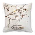 Detail of square Christmas pillow with hand-drawn birds and winter holly berries design - Vintage Winter Birds Illustration (Style-6)